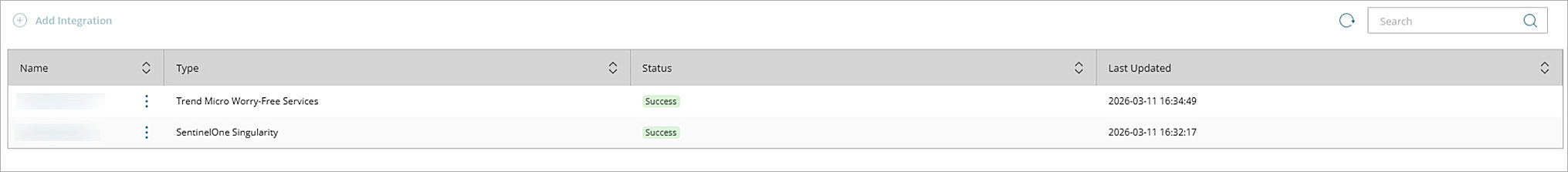 Screenshot of Status for integration